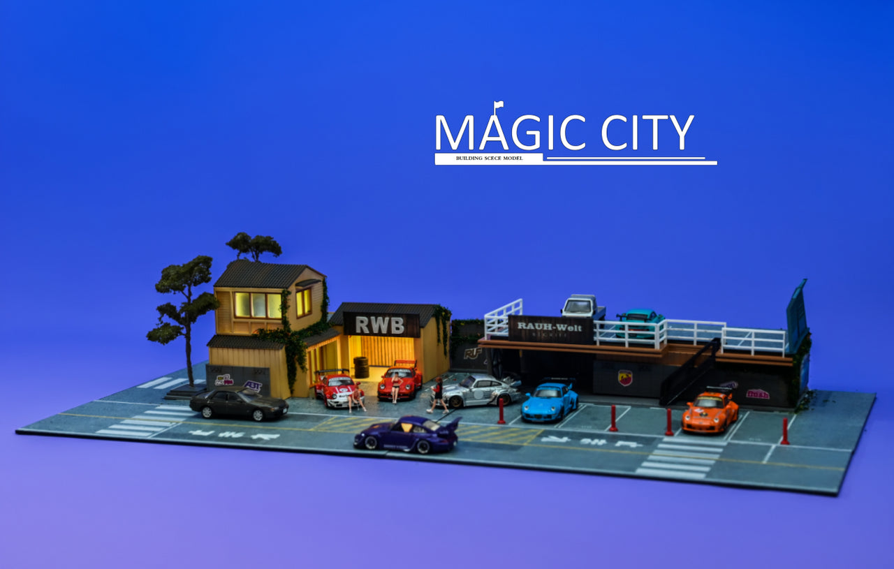 Magic City 1:64 Diorama RWB  Rauh-Welt Building & Double Decker Parking Lot 110072