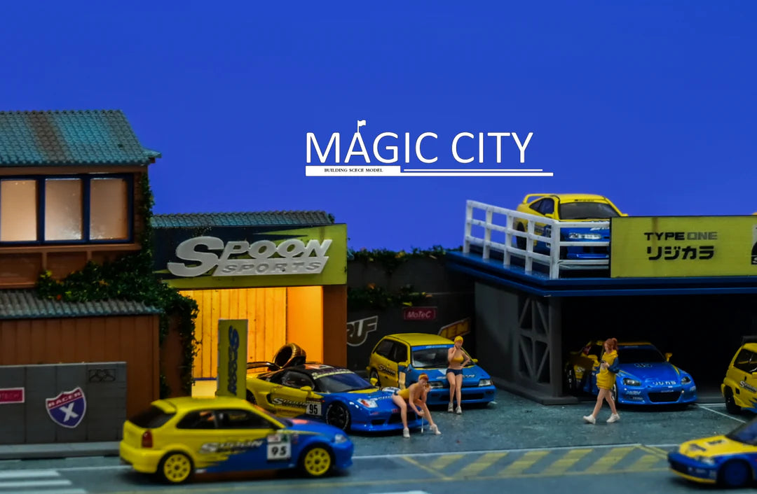 Magic City 1:64 Diorama Spoon Japanese Building & Double Decker Parking Lot 110075