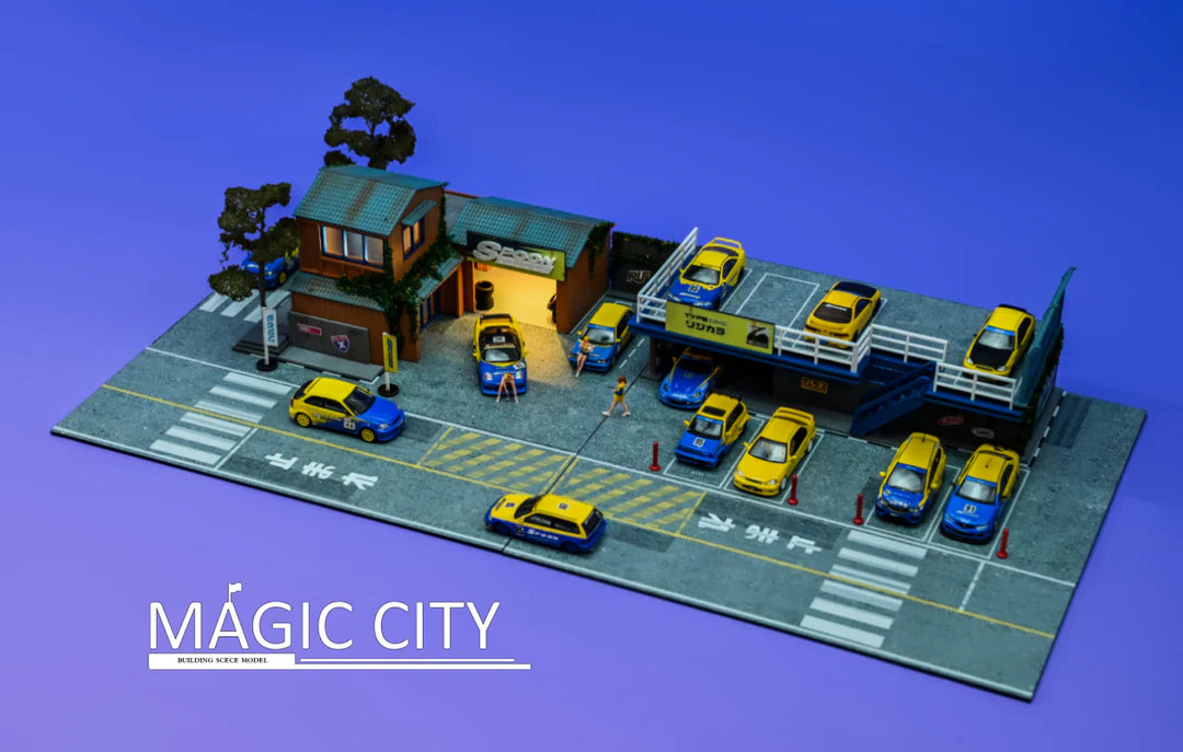 Magic City 1:64 Diorama Spoon Japanese Building & Double Decker Parking Lot 110075