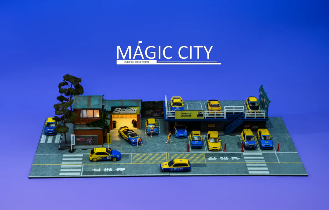 Magic City 1:64 Diorama Spoon Japanese Building & Double Decker Parking Lot 110075