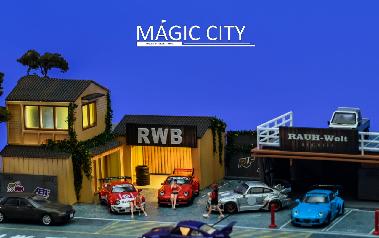 Magic City 1:64 Diorama RWB  Rauh-Welt Building & Double Decker Parking Lot 110072