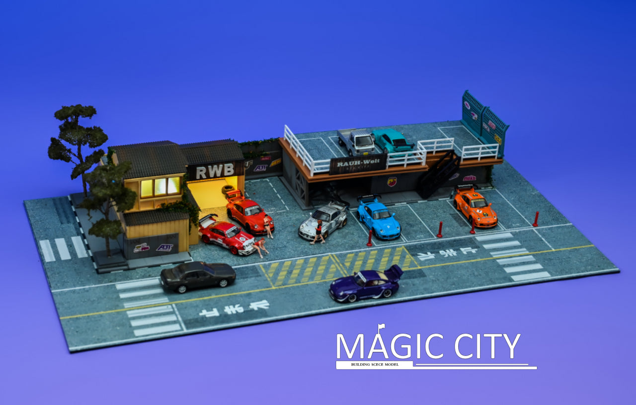 Magic City 1:64 Diorama RWB  Rauh-Welt Building & Double Decker Parking Lot 110072