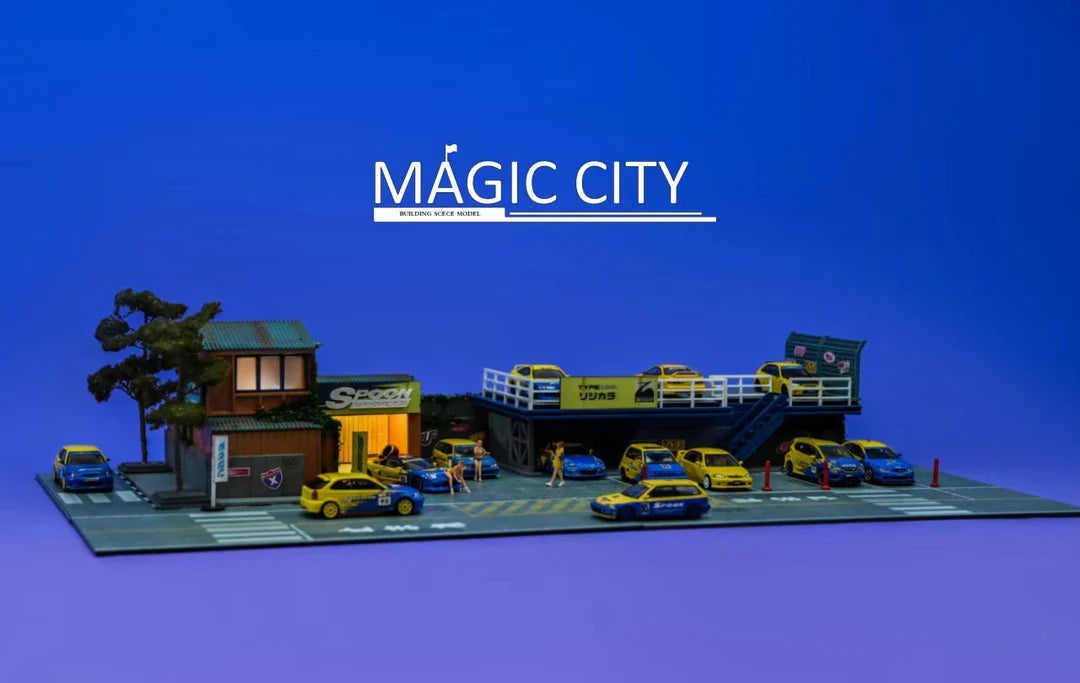 Magic City 1:64 Diorama Spoon Japanese Building & Double Decker Parking Lot 110075