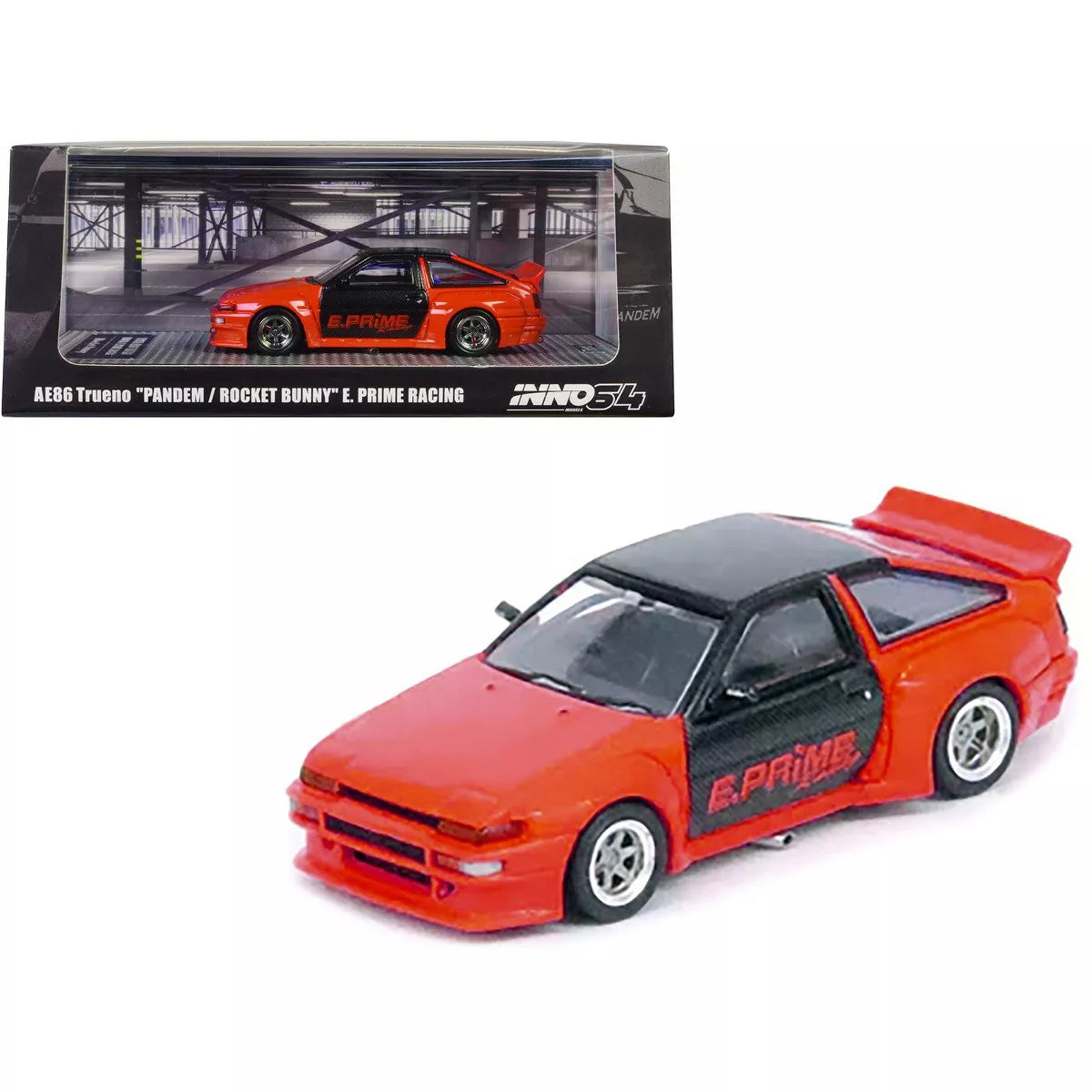 Inno64 1/64 Toyota Corolla AE86 Trueno RHD Orange with Carbon Fibre Top and Doors "E. Prime Racing"