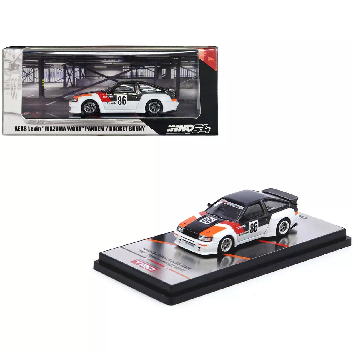 Inno64 1/64 Toyota AE86 Levin RHD #86 White and Gray with Stripes "Inazuma Worx- Pandem/Rocket Bunny"