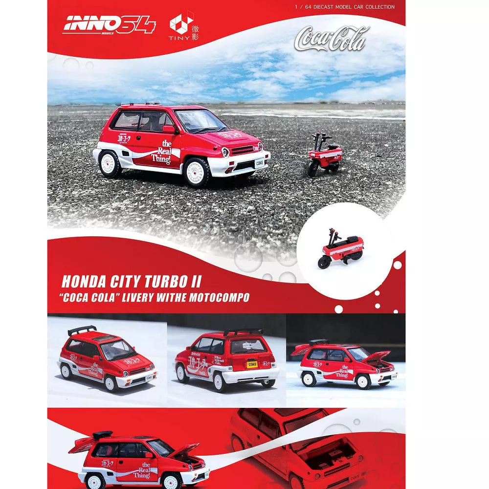 Inno64 1/64 Honda City Turbo II (Right Hand Drive) Red & White "Coca-Cola" w/Honda Motocompo Scooter