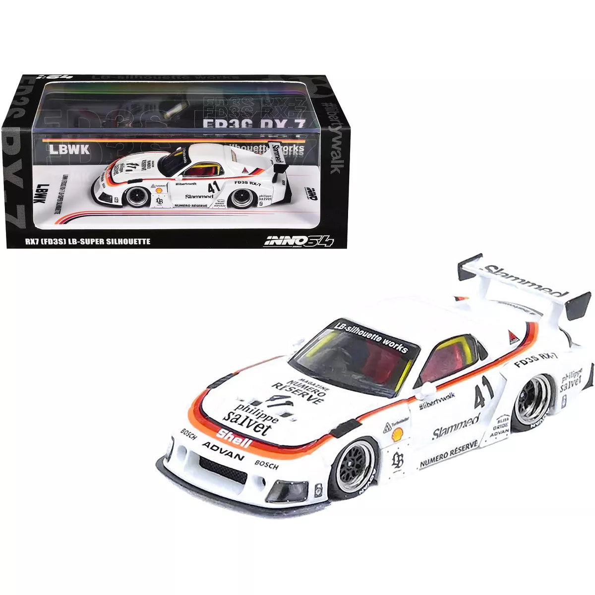 Inno64 1/64 Mazda RX7 (FD3S) LB-Super-Silhouette RHD (Right Hand Drive) #41 White w/Stripes & Graphics