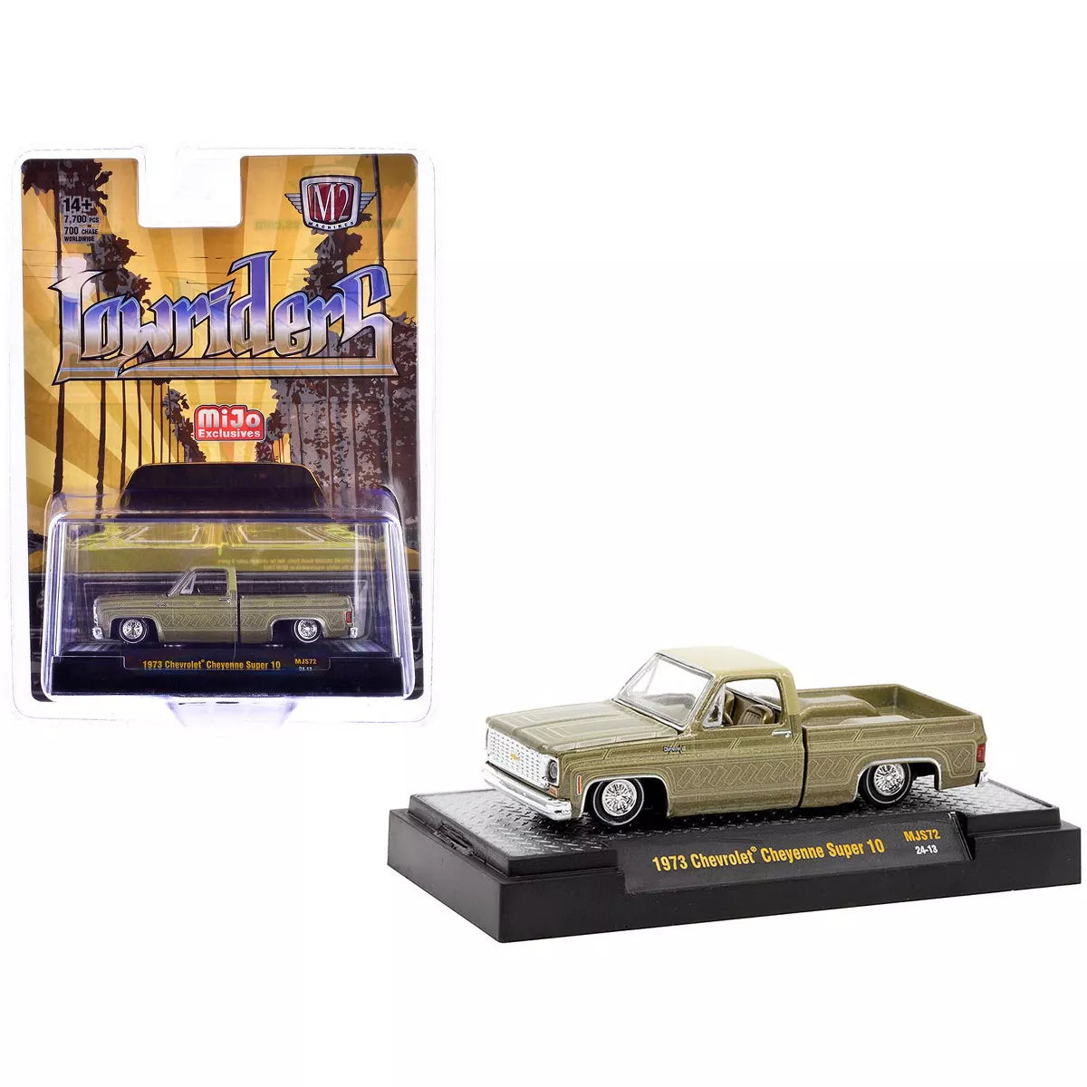 M2 Machines 1/64 1973 Chevrolet Cheyenne Super 10 Truck Gold Metallic with Graphics "Lowriders"