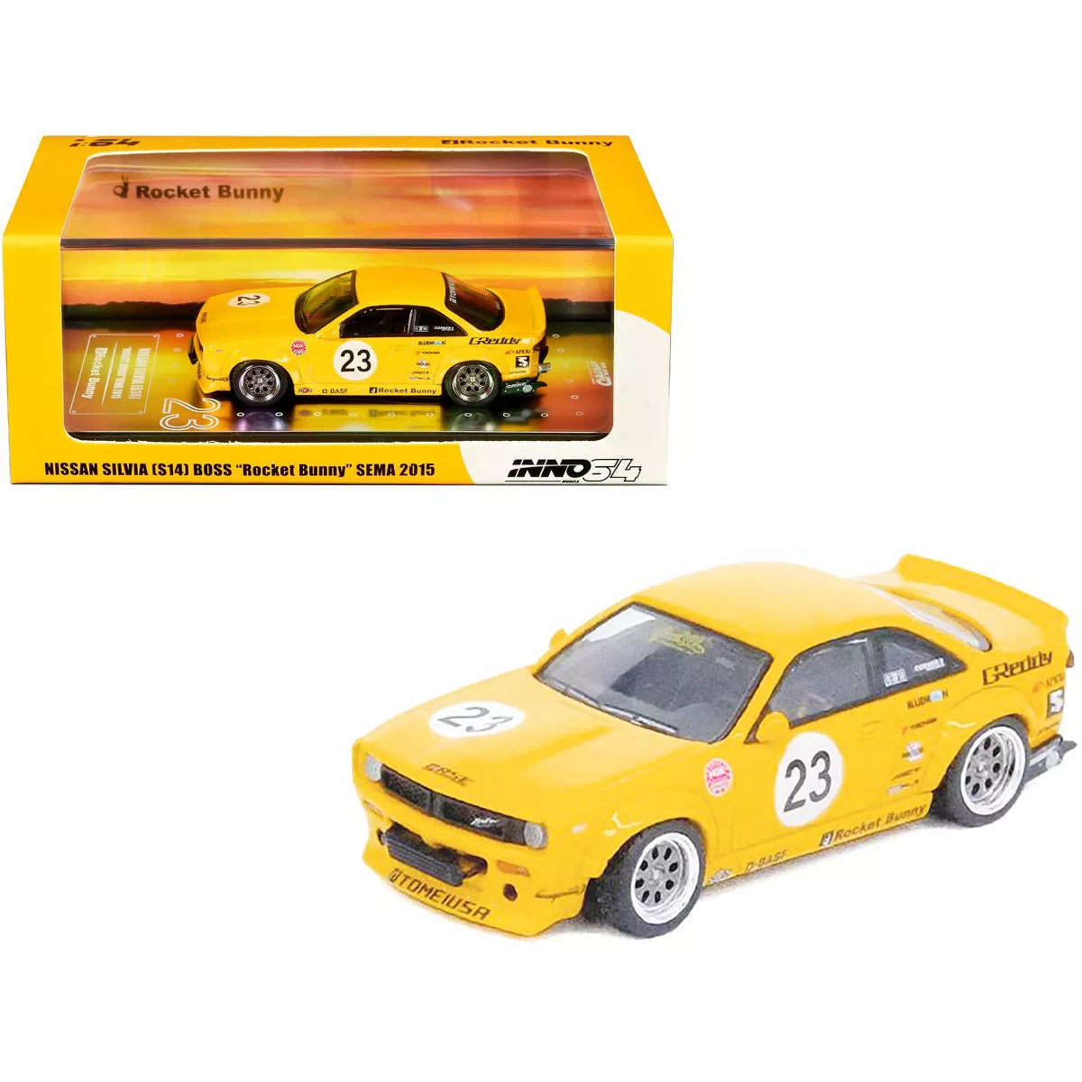 Inno64 1/64 Nissan Silvia (S14) Boss RHD #23 Yellow "Rocket Bunny - SEMA Show 2015"
