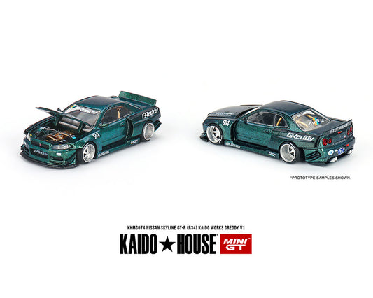 PRE-ORDER Kaido House x Mini GT 1:64 Nissan Skyline GT-R (R34) Kaido Works GReddy V1 – Green – Limited Edition