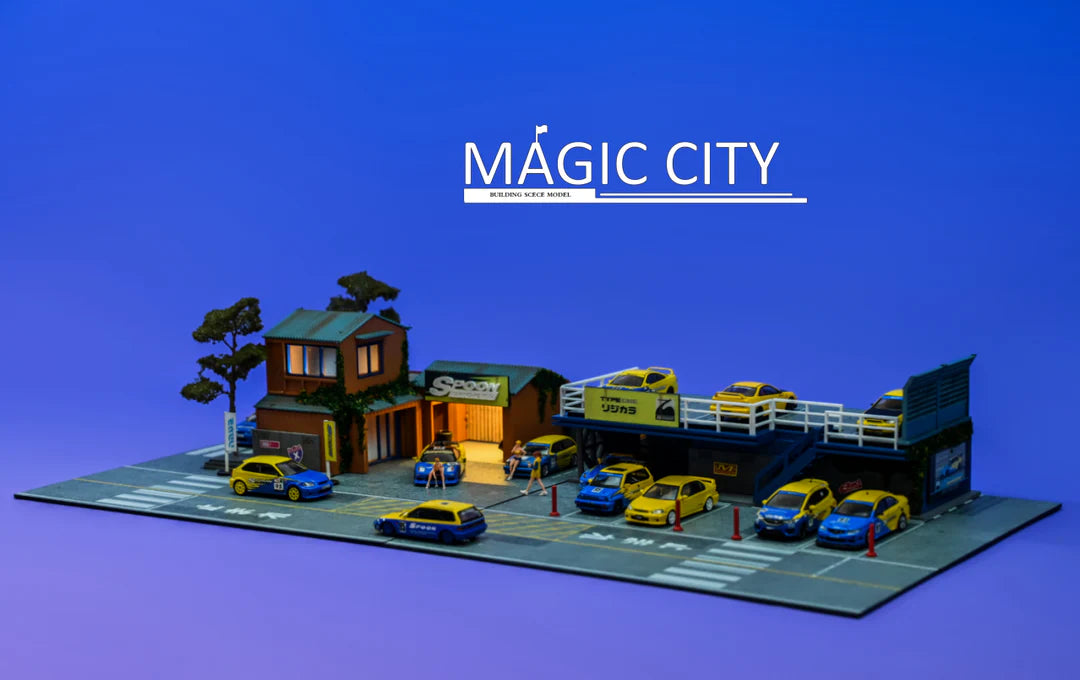 Magic City 1:64 Diorama Spoon Japanese Building & Double Decker Parking Lot 110075