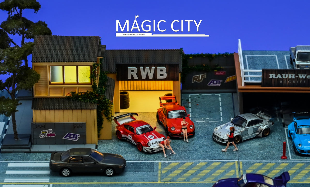 Magic City 1:64 Diorama RWB  Rauh-Welt Building & Double Decker Parking Lot 110072