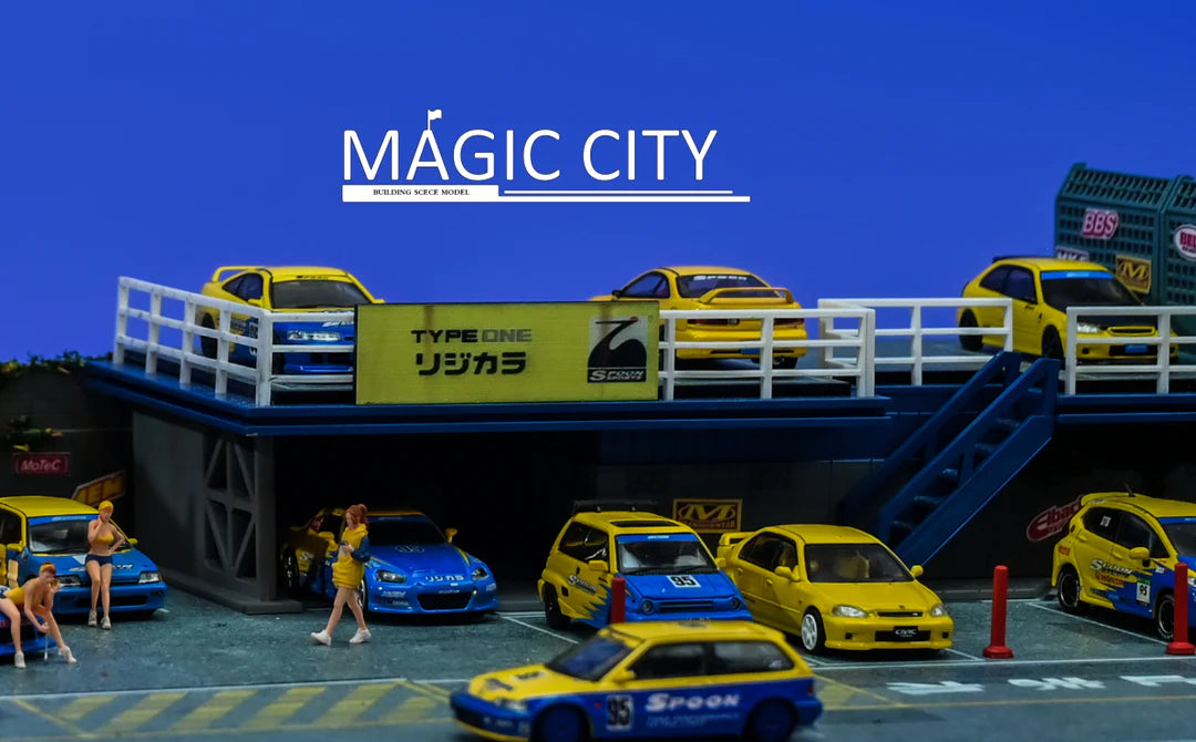 Magic City 1:64 Diorama Spoon Japanese Building & Double Decker Parking Lot 110075