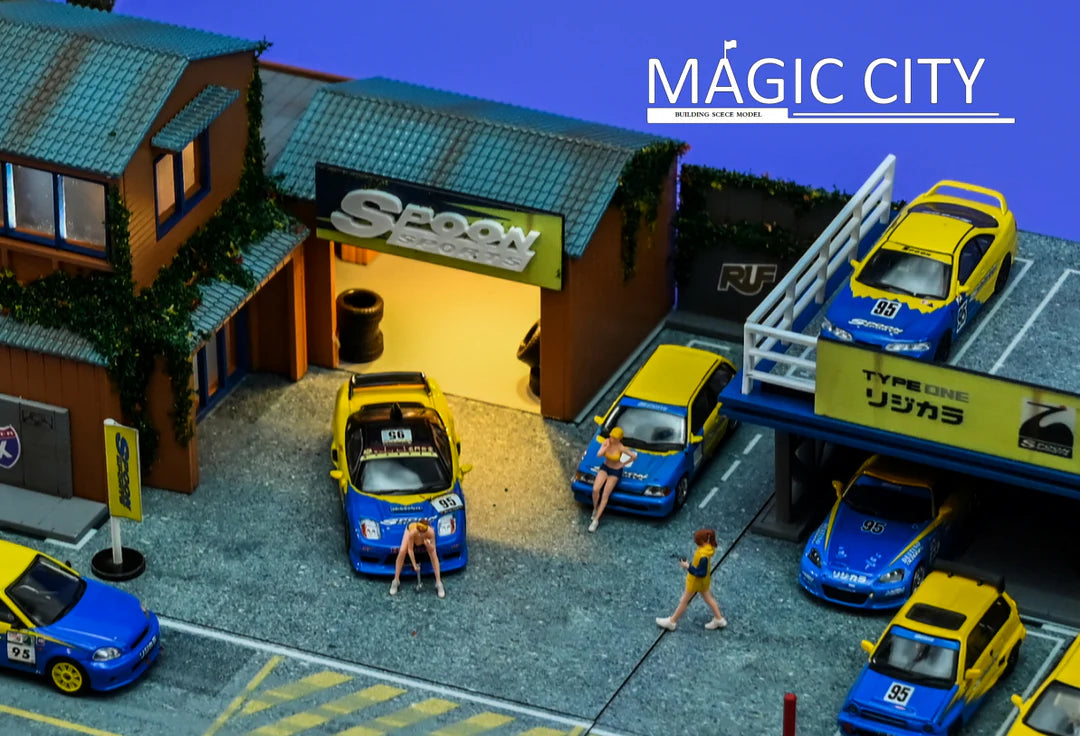 Magic City 1:64 Diorama Spoon Japanese Building & Double Decker Parking Lot 110075