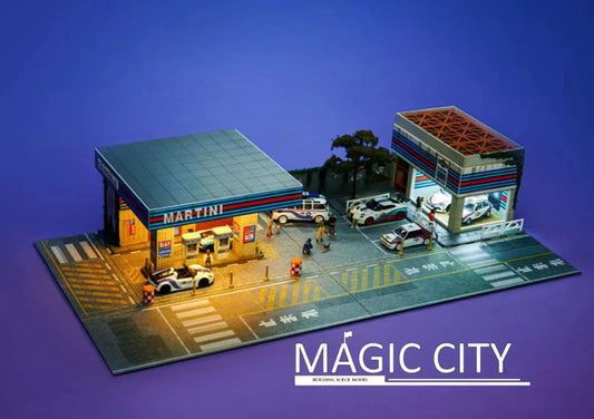 Magic City Martini Theme Gas Station & Showroom Diorama with LED Lights (cars & figures NOT included)