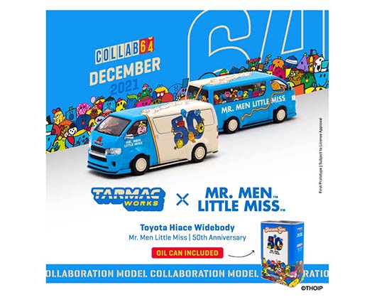 Tarmac Works 1:64 Toyota Hiace Widebody Mr. Men Little Miss 50th Anniversary With Oil Tin Can
